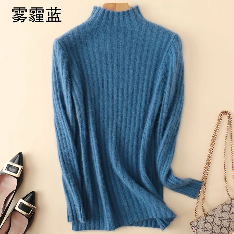 Warm 100% Mink Cashmere Sweater Knit Pullovers Female Winter High Elasticity Soft Tops High Collar Casual Basic Women Shirt 2021