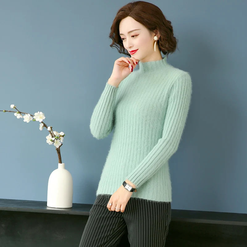 Warm 100% Mink Cashmere Sweater Knit Pullovers Female Winter High Elasticity Soft Tops High Collar Casual Basic Women Shirt 2021