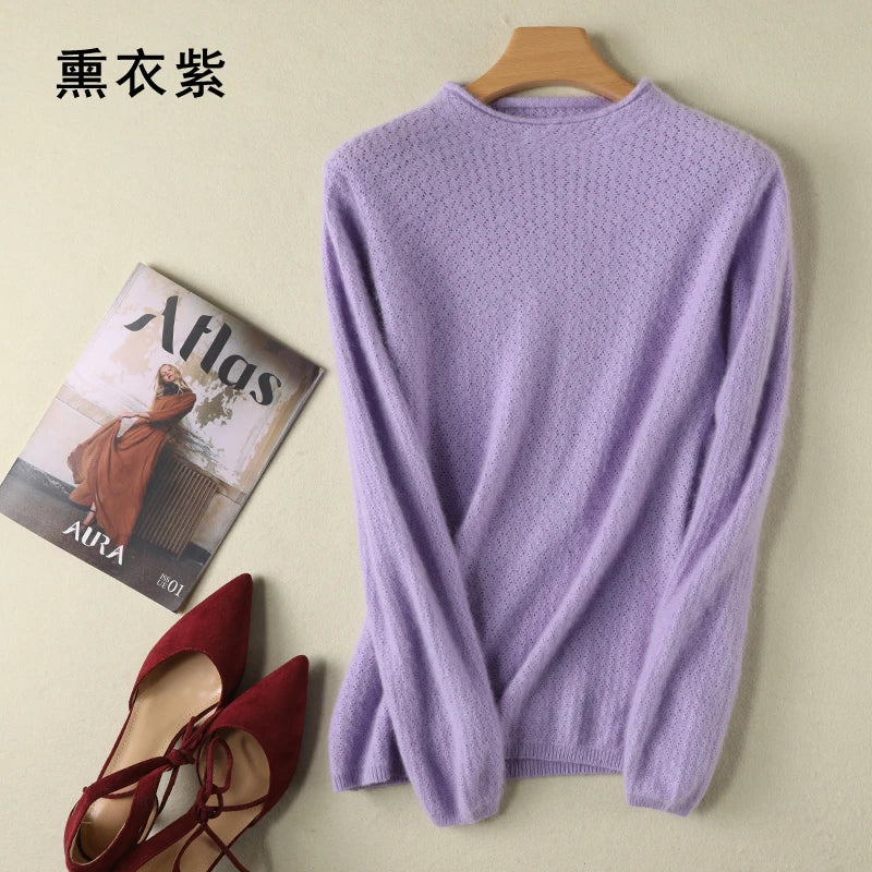New Autumn Round Neck 100%Pure Mink Cashmere Sweater Women Short Loose Knit Base Shirt Long-Sleeve Hollow Blouse Warm Pullover