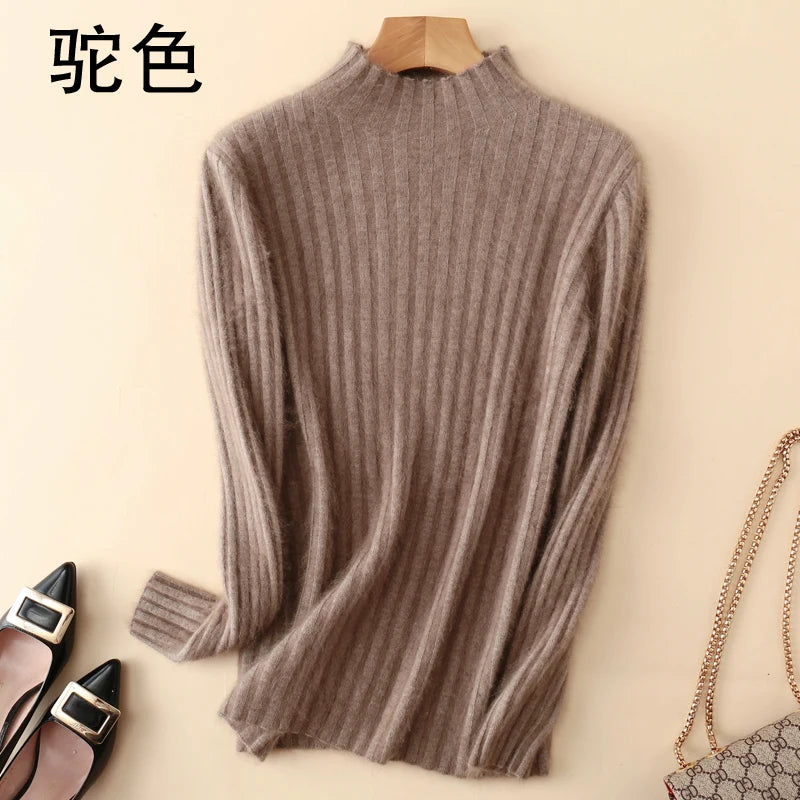 Warm 100% Mink Cashmere Sweater Knit Pullovers Female Winter High Elasticity Soft Tops High Collar Casual Basic Women Shirt 2021