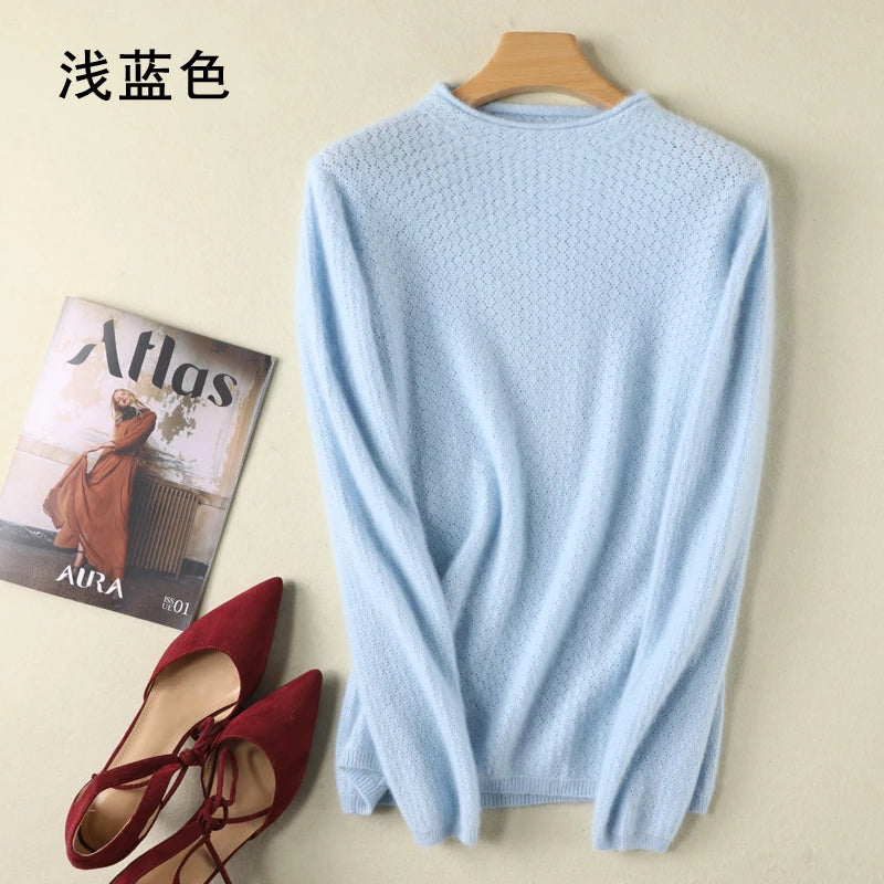New Autumn Round Neck 100%Pure Mink Cashmere Sweater Women Short Loose Knit Base Shirt Long-Sleeve Hollow Blouse Warm Pullover