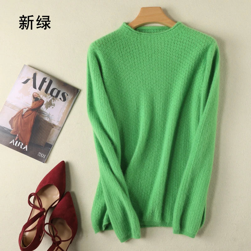 New Autumn Round Neck 100%Pure Mink Cashmere Sweater Women Short Loose Knit Base Shirt Long-Sleeve Hollow Blouse Warm Pullover