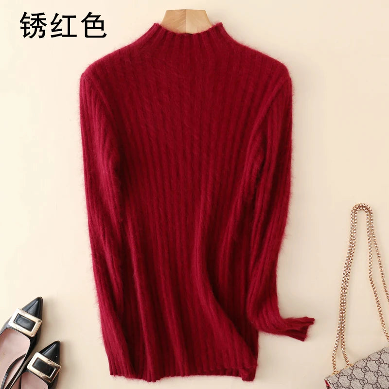 Warm 100% Mink Cashmere Sweater Knit Pullovers Female Winter High Elasticity Soft Tops High Collar Casual Basic Women Shirt 2021
