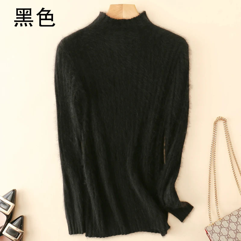 Warm 100% Mink Cashmere Sweater Knit Pullovers Female Winter High Elasticity Soft Tops High Collar Casual Basic Women Shirt 2021