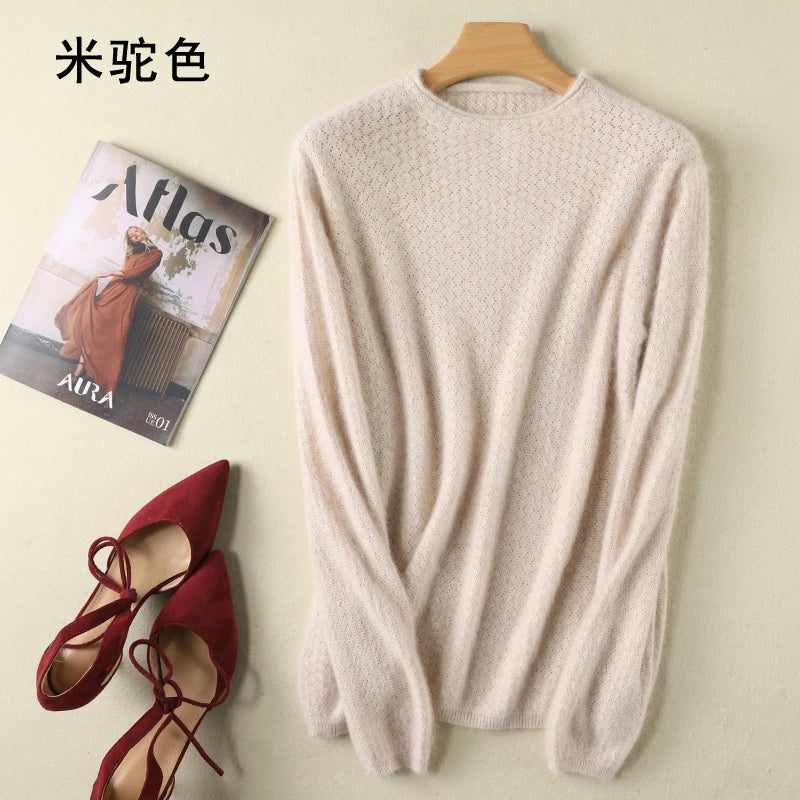 New Autumn Round Neck 100%Pure Mink Cashmere Sweater Women Short Loose Knit Base Shirt Long-Sleeve Hollow Blouse Warm Pullover