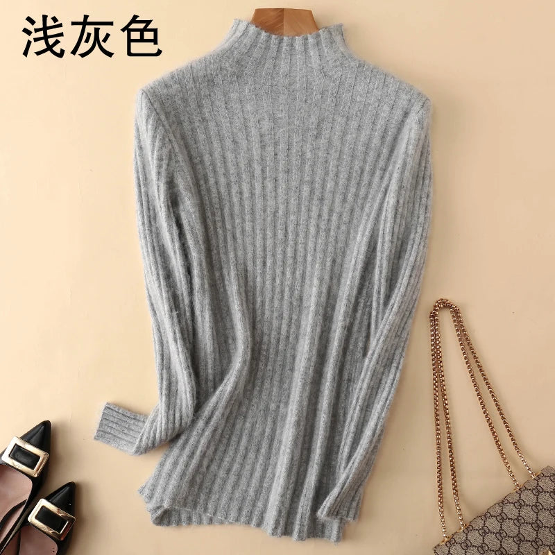 Warm 100% Mink Cashmere Sweater Knit Pullovers Female Winter High Elasticity Soft Tops High Collar Casual Basic Women Shirt 2021