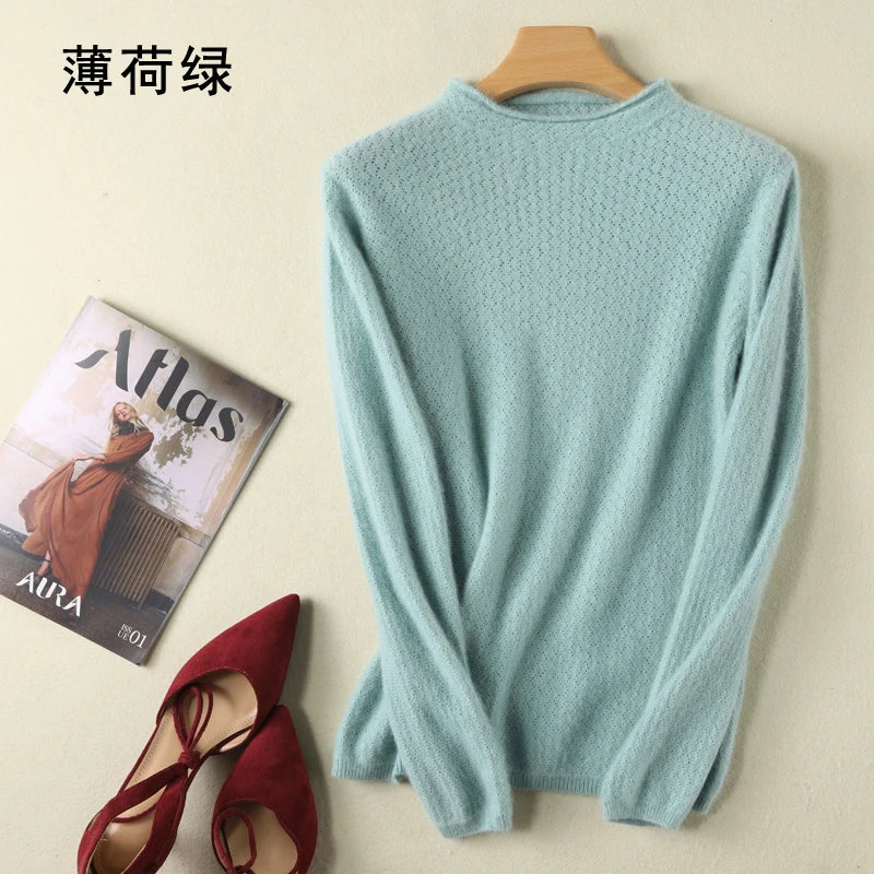 New Autumn Round Neck 100%Pure Mink Cashmere Sweater Women Short Loose Knit Base Shirt Long-Sleeve Hollow Blouse Warm Pullover