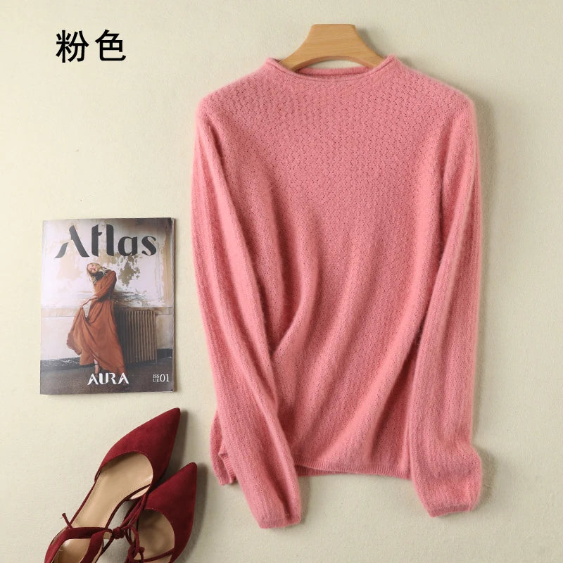 New Autumn Round Neck 100%Pure Mink Cashmere Sweater Women Short Loose Knit Base Shirt Long-Sleeve Hollow Blouse Warm Pullover