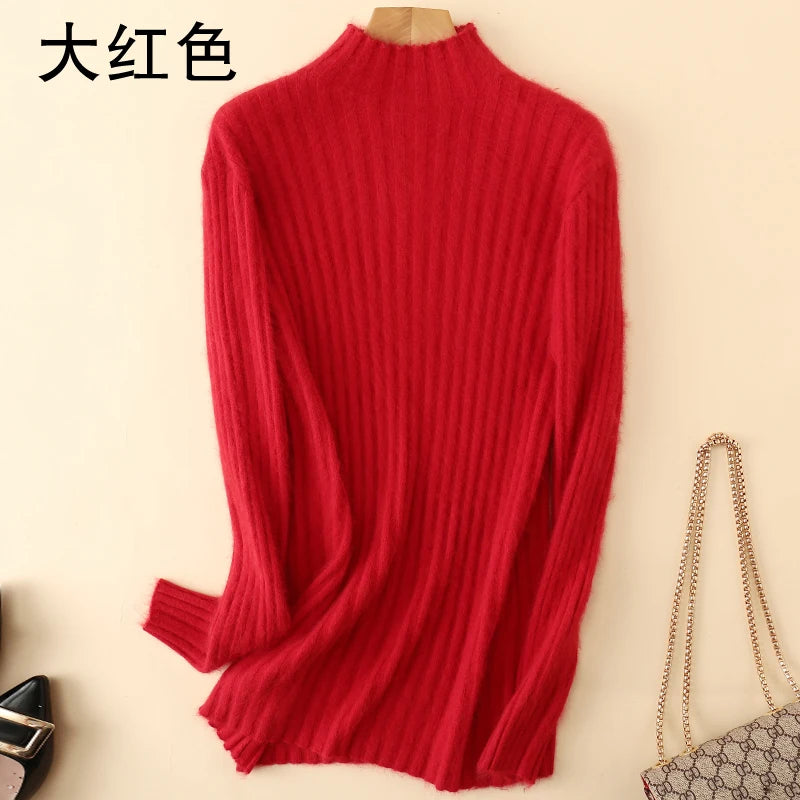 Warm 100% Mink Cashmere Sweater Knit Pullovers Female Winter High Elasticity Soft Tops High Collar Casual Basic Women Shirt 2021