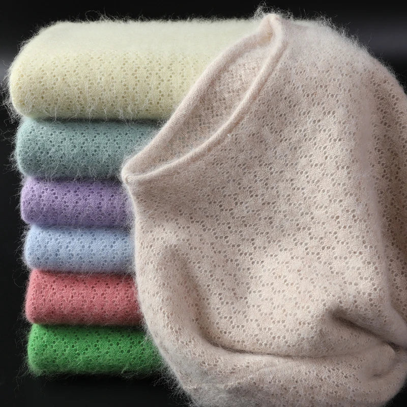 New Autumn Round Neck 100%Pure Mink Cashmere Sweater Women Short Loose Knit Base Shirt Long-Sleeve Hollow Blouse Warm Pullover