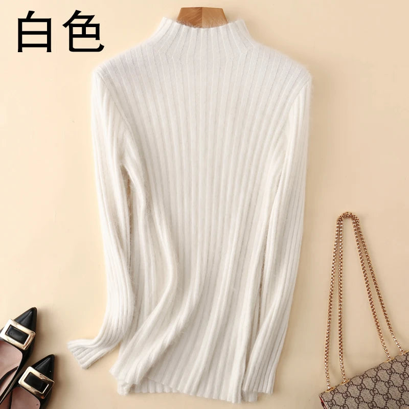 Warm 100% Mink Cashmere Sweater Knit Pullovers Female Winter High Elasticity Soft Tops High Collar Casual Basic Women Shirt 2021