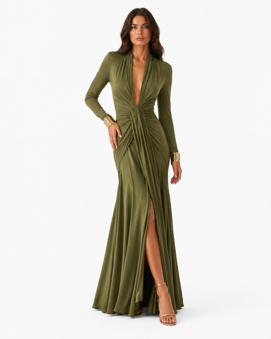Twist-Waist V-Neck Maxi Dress