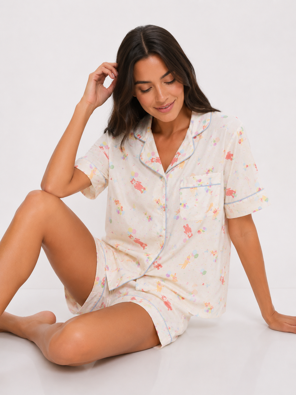 Women’s Short Pyjama Set (2-Piece) – Button-Through Short Sleeve Shirt & Relaxed Shorts [PRODUTO PRECISA DE REVISÃO]