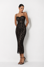 Corset-Detail Cami Midi Dress in Structured Floral Lace