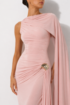 Asymmetric Draped Cape Maxi Dress with Thigh-High Split