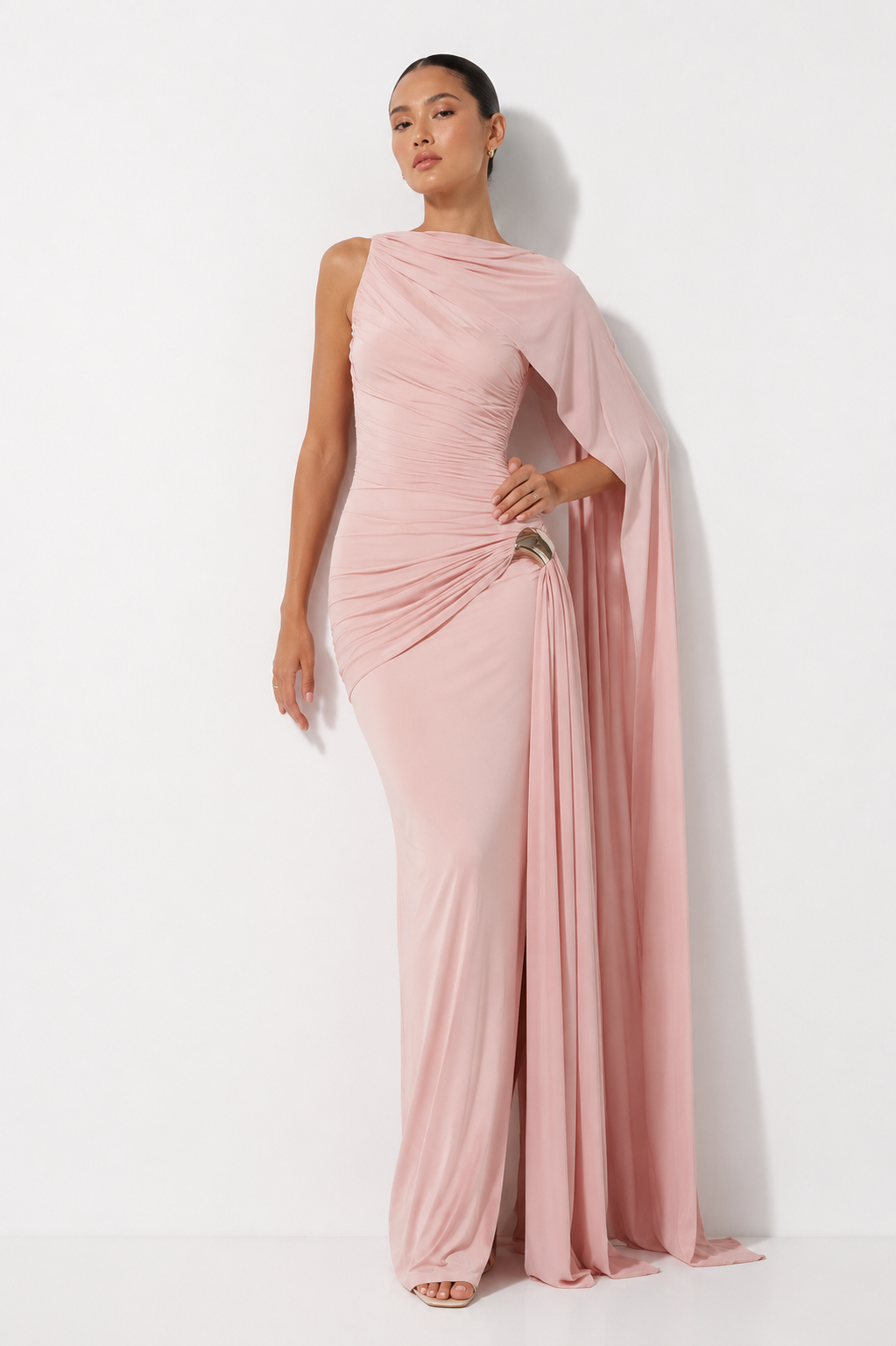 Asymmetric Draped Cape Maxi Dress with Thigh-High Split