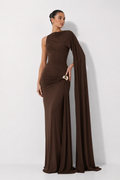 Asymmetric Draped Cape Maxi Dress with Thigh-High Split