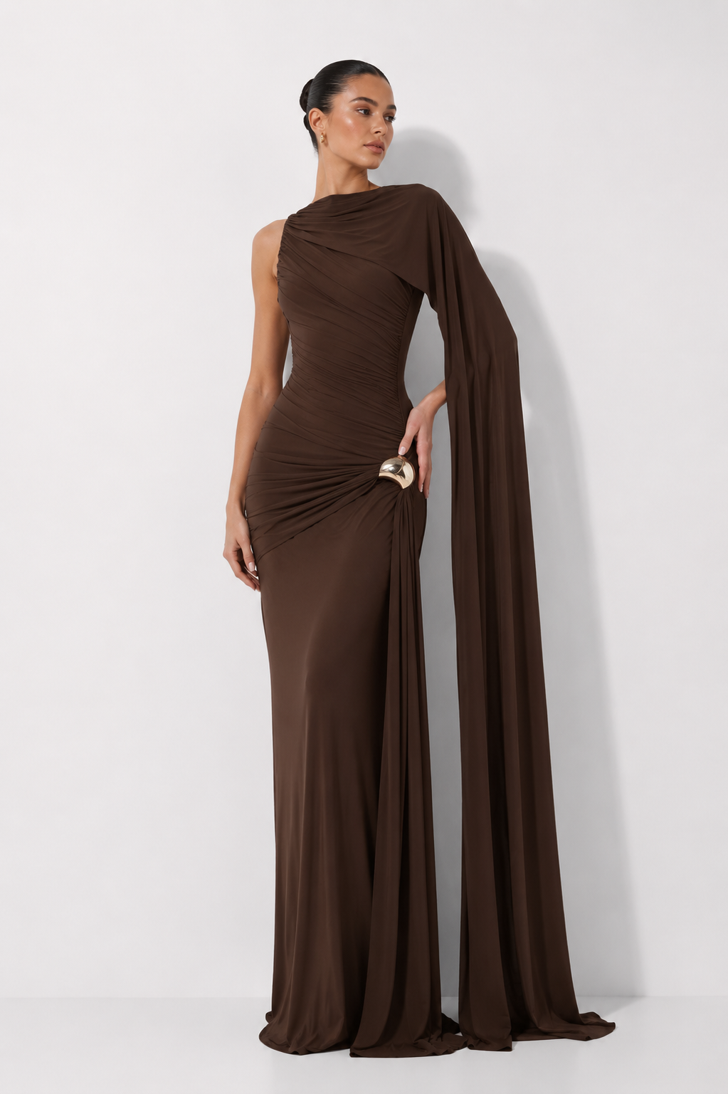 Asymmetric Draped Cape Maxi Dress with Thigh-High Split