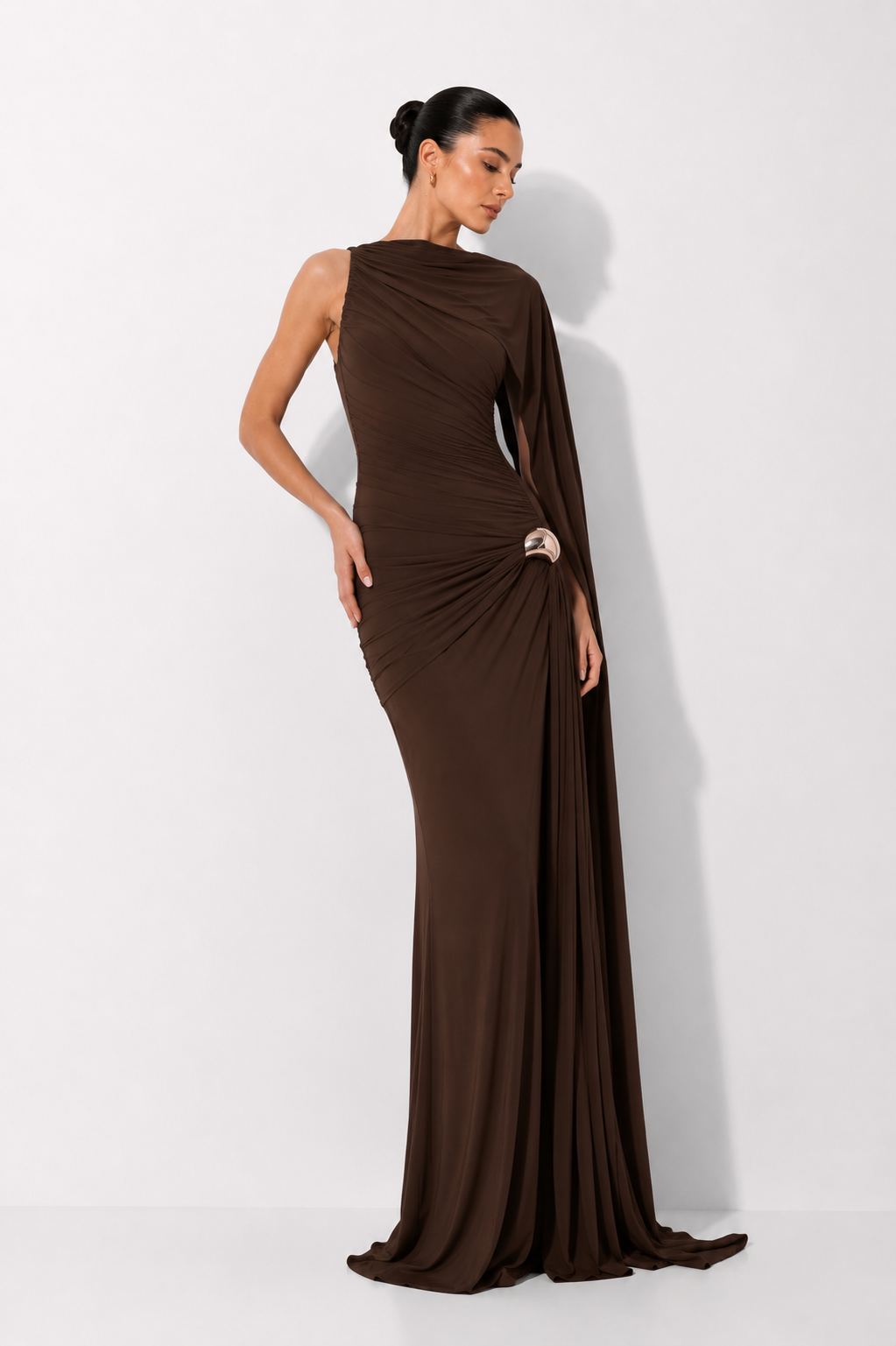 Asymmetric Draped Cape Maxi Dress with Thigh-High Split
