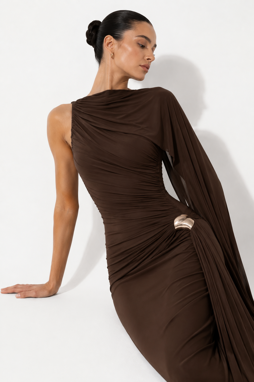 Asymmetric Draped Cape Maxi Dress with Thigh-High Split