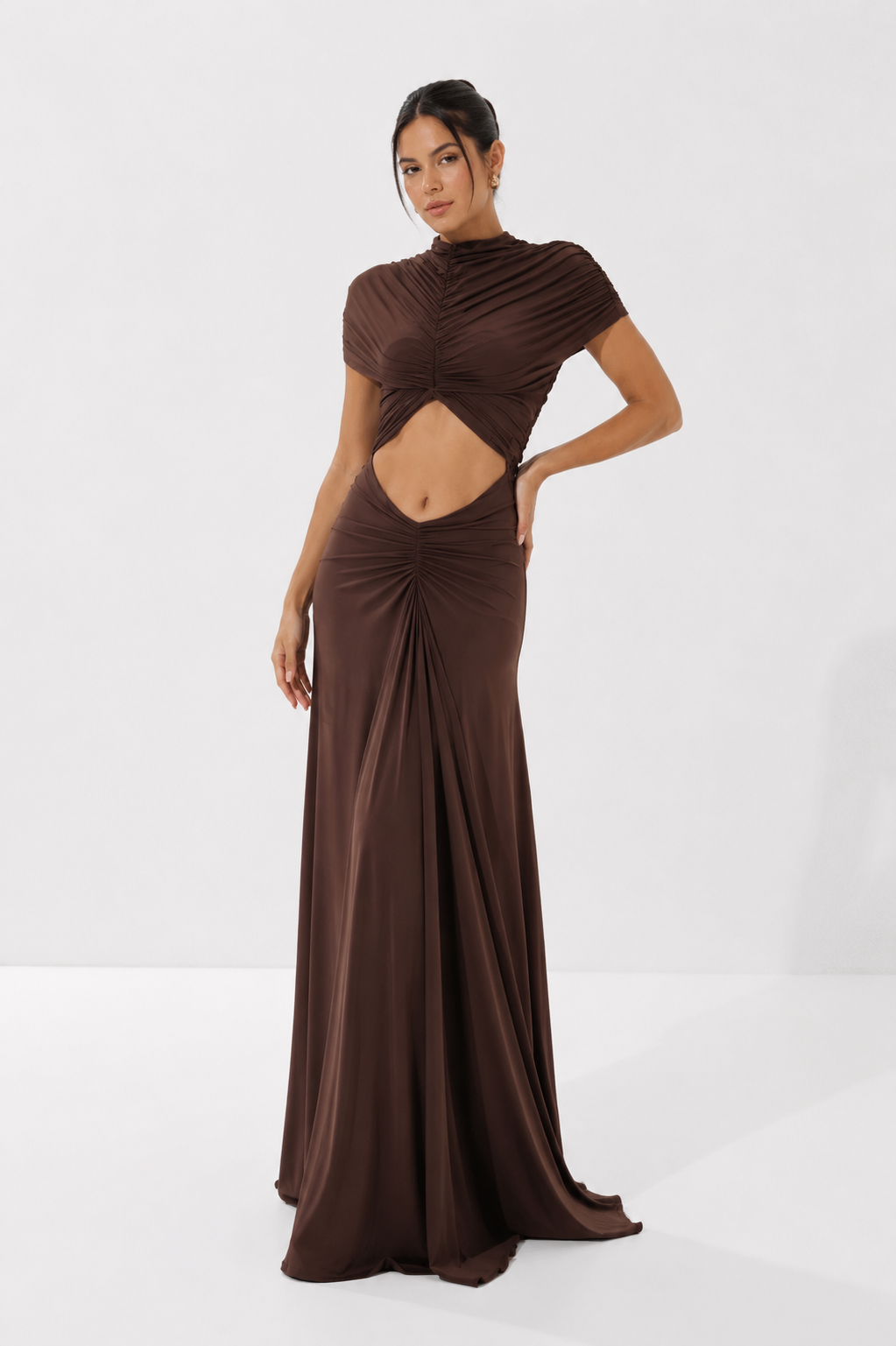 High-Neck Cut-Out Maxi Dress with Sheer Yoke
