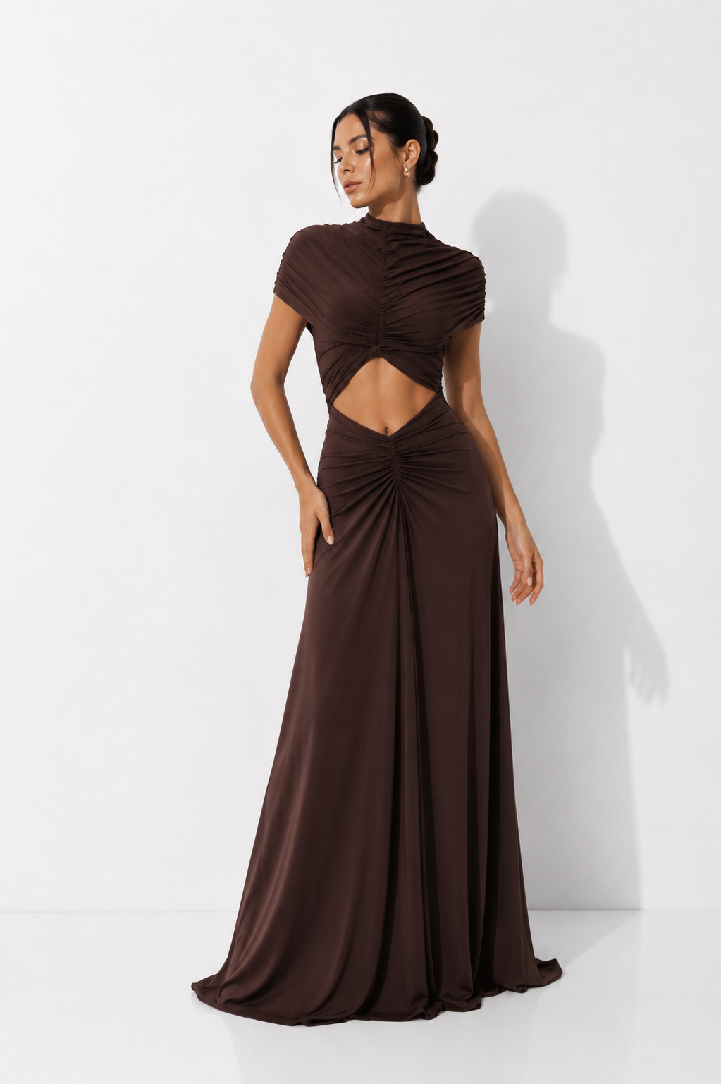High-Neck Cut-Out Maxi Dress with Sheer Yoke