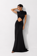 High-Neck Cut-Out Maxi Dress with Sheer Yoke
