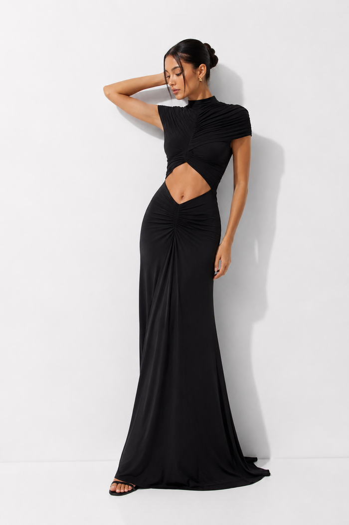High-Neck Cut-Out Maxi Dress with Sheer Yoke