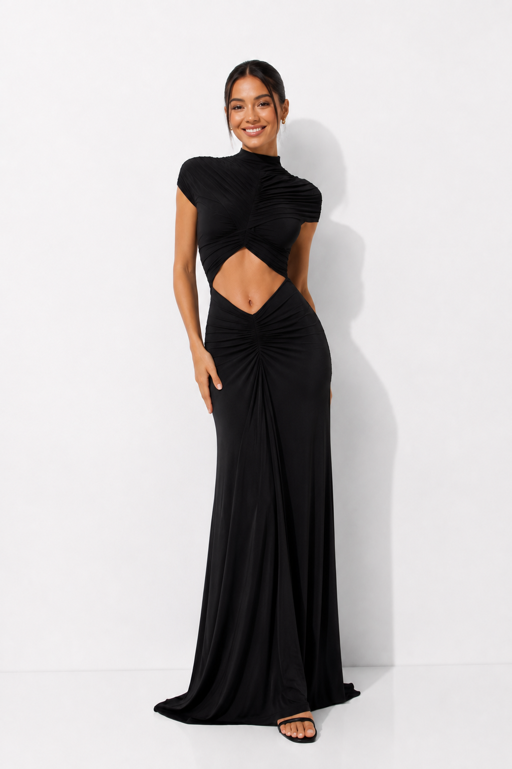 High-Neck Cut-Out Maxi Dress with Sheer Yoke