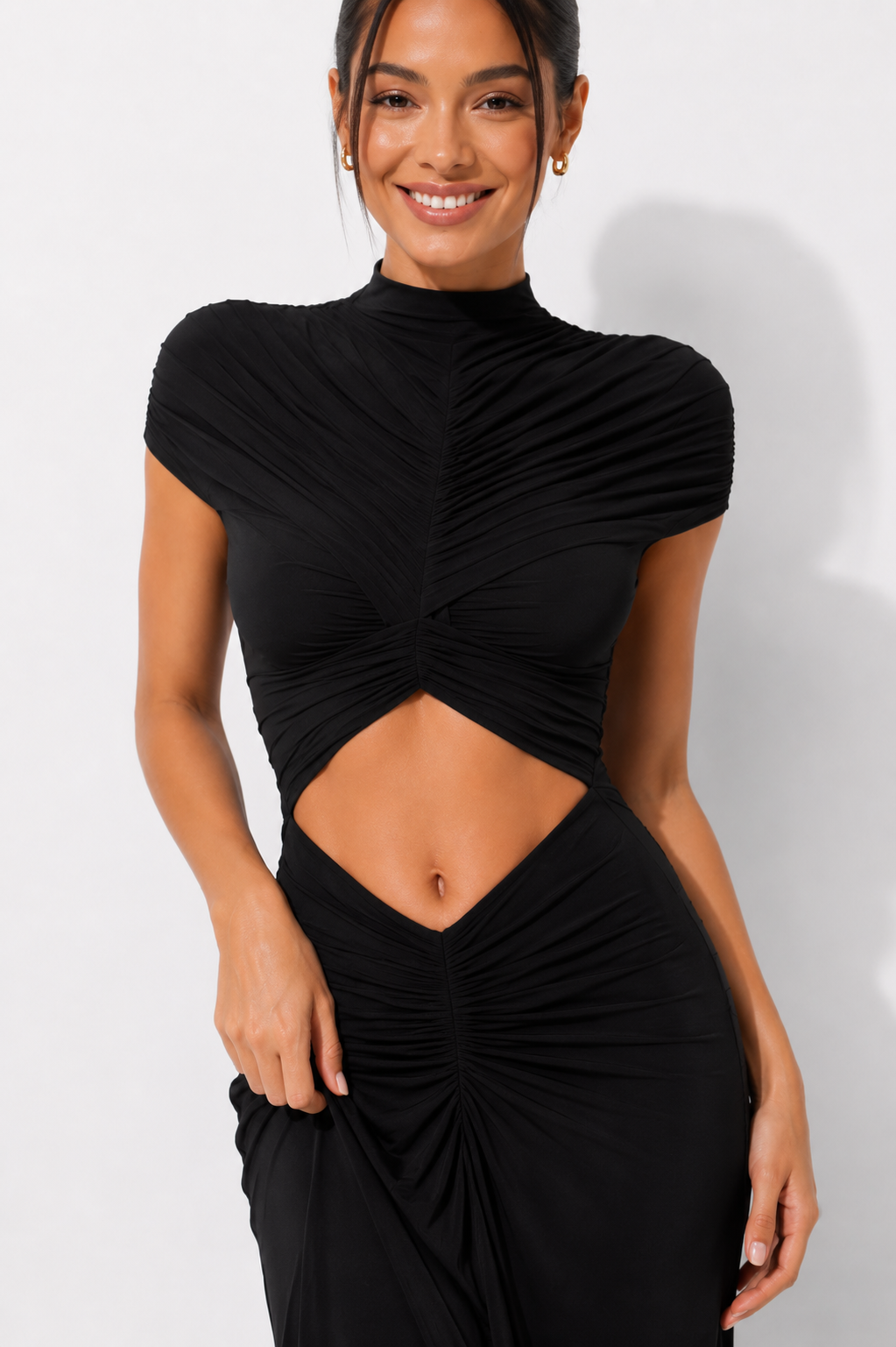 High-Neck Cut-Out Maxi Dress with Sheer Yoke