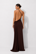 Asymmetric One-Shoulder Ruched Jersey Maxi Dress with Gold Hardware