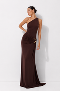 Asymmetric One-Shoulder Ruched Jersey Maxi Dress with Gold Hardware