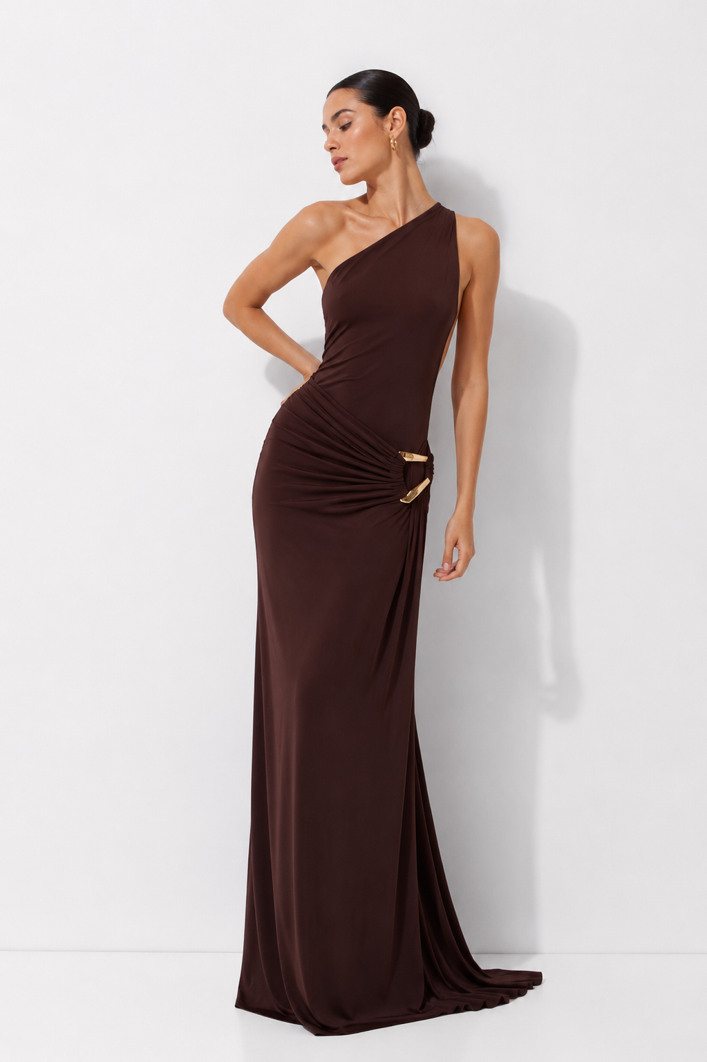 Asymmetric One-Shoulder Ruched Jersey Maxi Dress with Gold Hardware