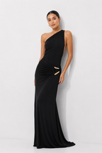 Asymmetric One-Shoulder Ruched Jersey Maxi Dress with Gold Hardware