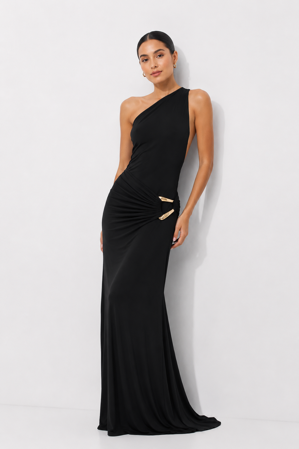 Asymmetric One-Shoulder Ruched Jersey Maxi Dress with Gold Hardware