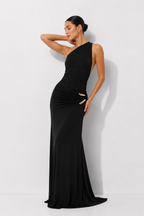 Asymmetric One-Shoulder Ruched Jersey Maxi Dress with Gold Hardware