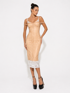 ontrast-Trim Corset Midi Dress with Lace Bust and Hem Details