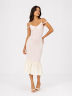 ontrast-Trim Corset Midi Dress with Lace Bust and Hem Details
