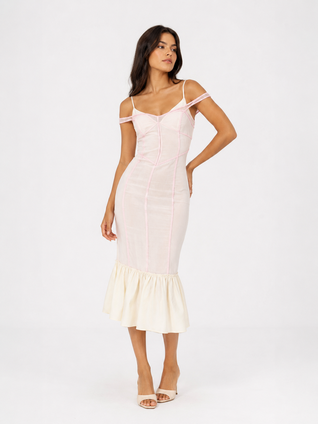 ontrast-Trim Corset Midi Dress with Lace Bust and Hem Details