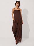 Hiloc Elegant Satin Long Pants Suit Women's Pajama Casual Lace Camisole With Elastic Waist Pants 2 Piece 2026 Summer Home Sets