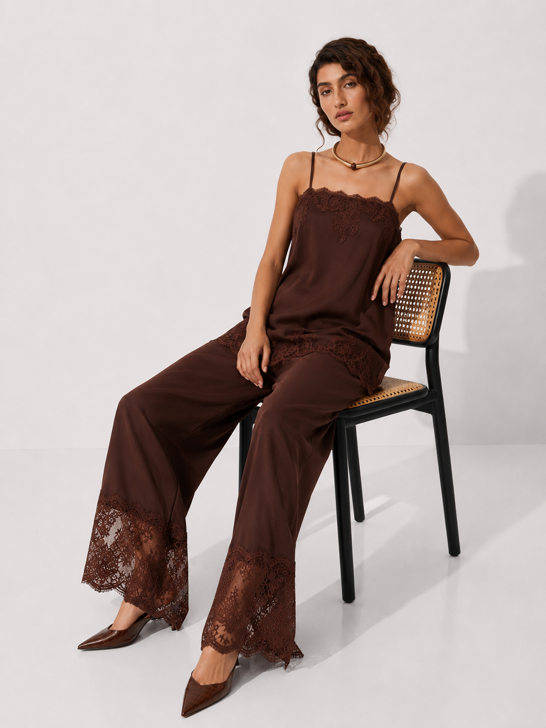 Hiloc Elegant Satin Long Pants Suit Women's Pajama Casual Lace Camisole With Elastic Waist Pants 2 Piece 2026 Summer Home Sets