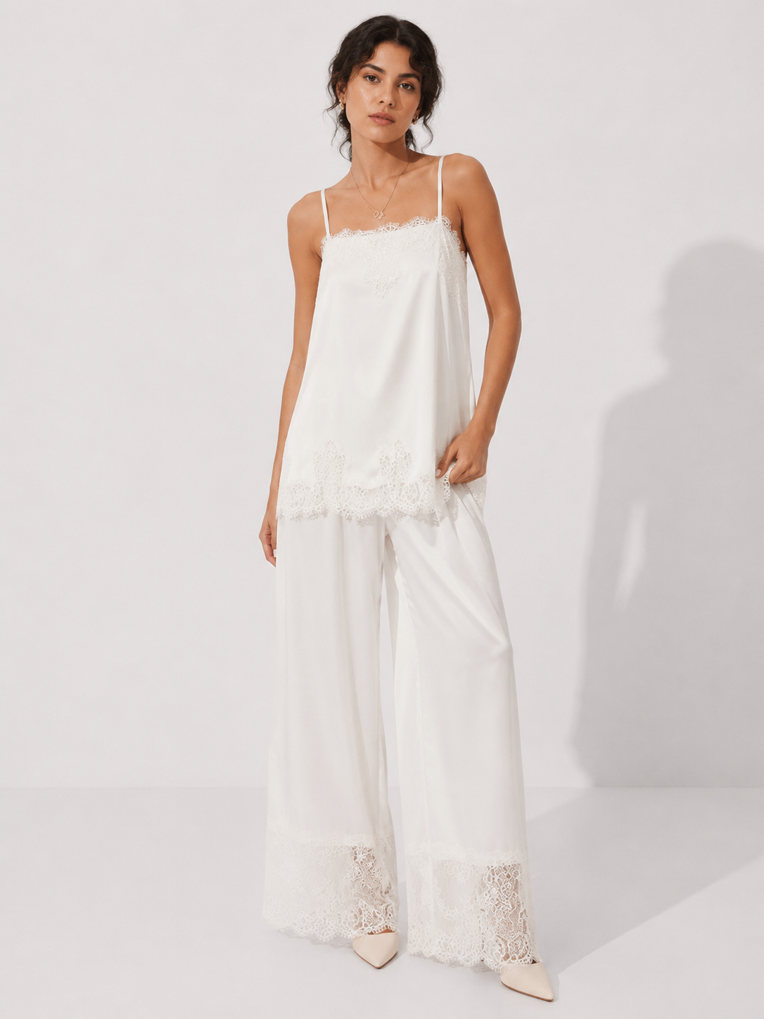 Hiloc Elegant Satin Long Pants Suit Women's Pajama Casual Lace Camisole With Elastic Waist Pants 2 Piece 2026 Summer Home Sets