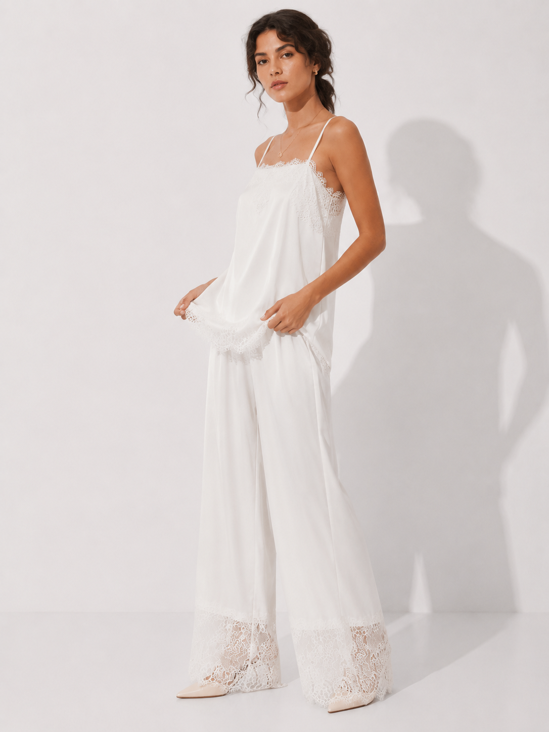 Hiloc Elegant Satin Long Pants Suit Women's Pajama Casual Lace Camisole With Elastic Waist Pants 2 Piece 2026 Summer Home Sets