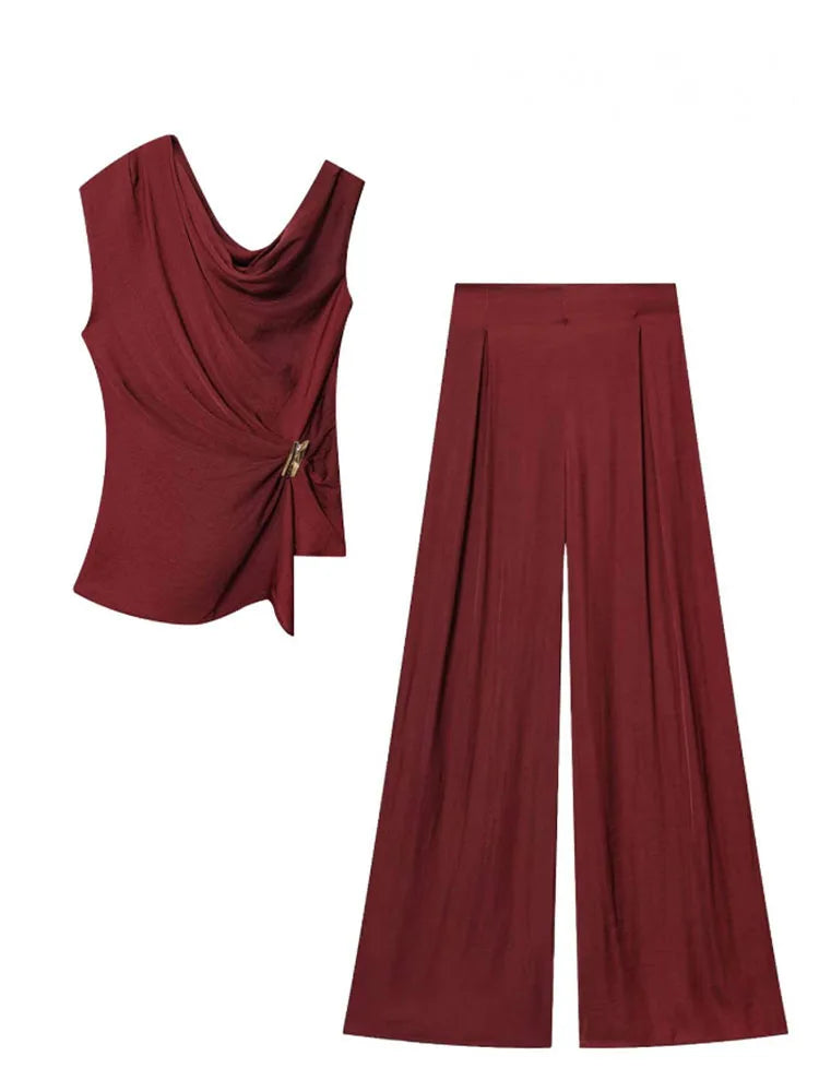Draped Sleeveless Top and Wide-Leg Trouser Set
