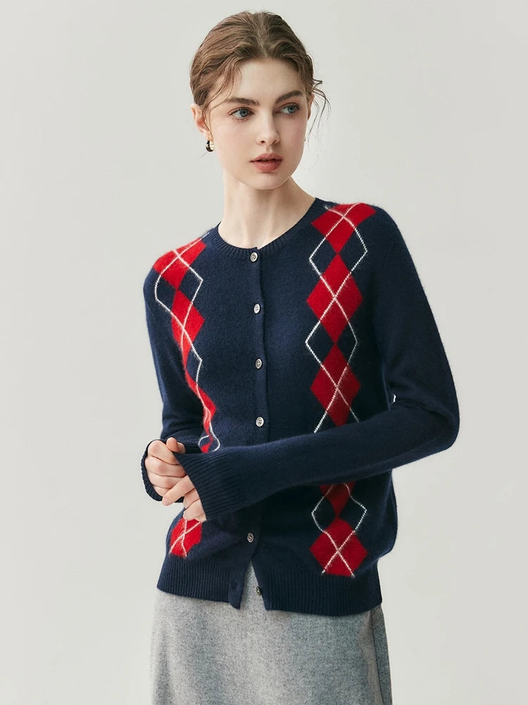 100% Cashmere Sweater Women O-neck Cardigan Autumn Winter Retro Argyle Classic Long Sleeve Soft Cashmere Knitwear Clothing Tops