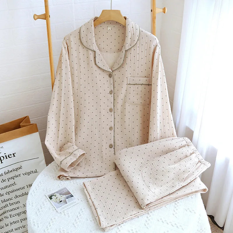 Button-through pyjama set with long-sleeve shirt and straight-leg trousers