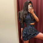 Printed Short-Sleeve Blouse and Mini Skirt Set