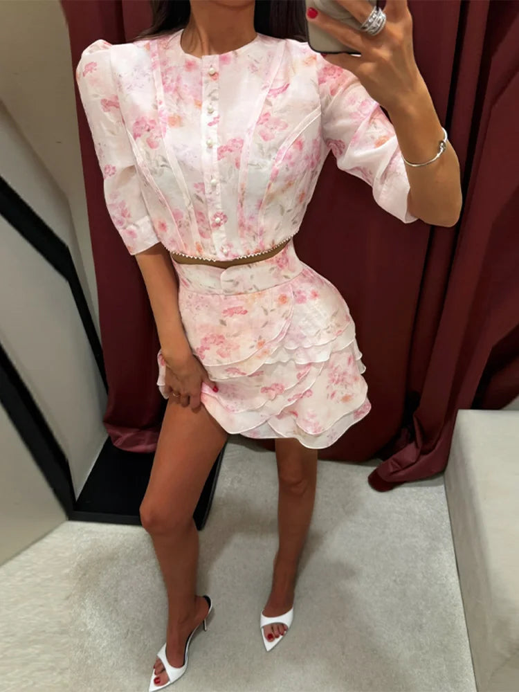 Printed Short-Sleeve Blouse and Mini Skirt Set