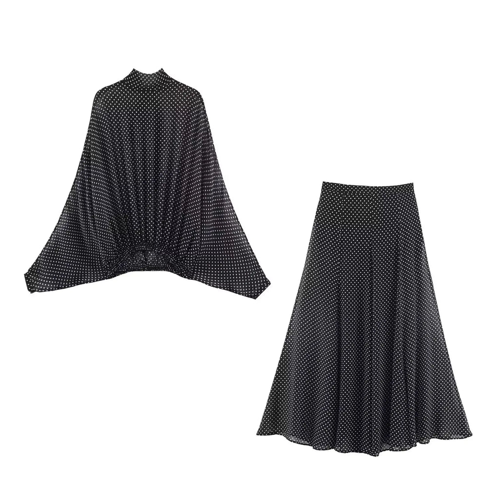 Two-Piece High-Neck Blouse and A-Line Skirt Co-ord Set
