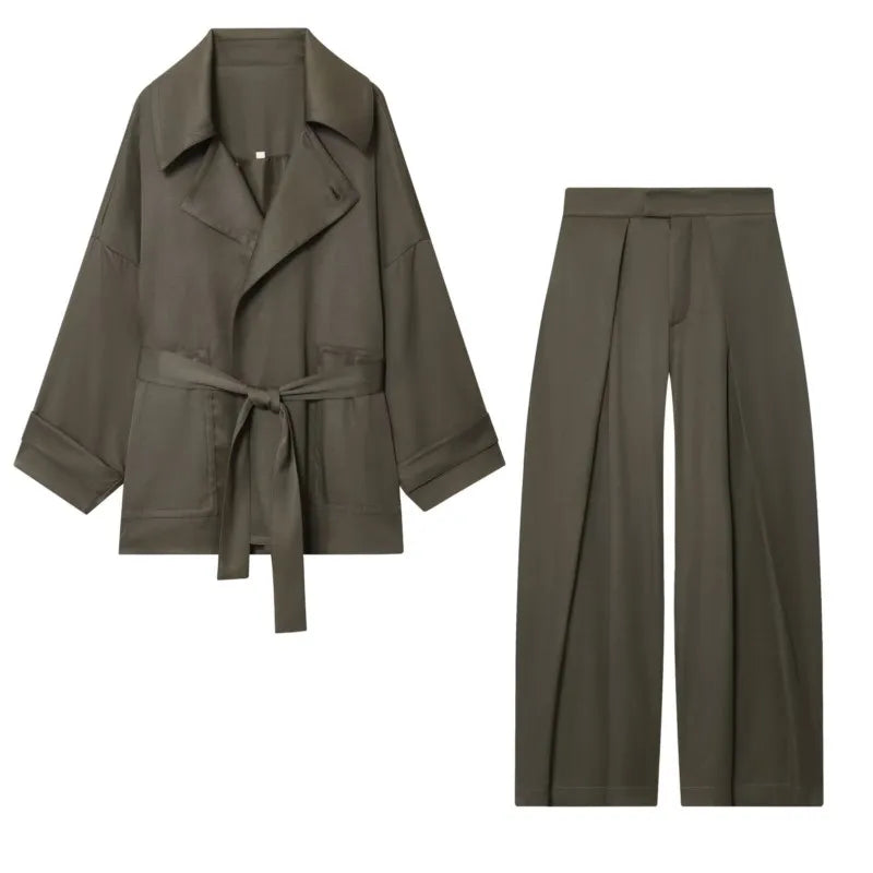 Belted Wrap Jacket & Wide-Leg Trousers Co-ord